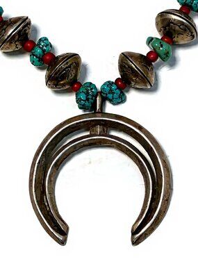 Vintage Navajo Mercury Dime Kingman Turquoise Squash Blossom Necklace